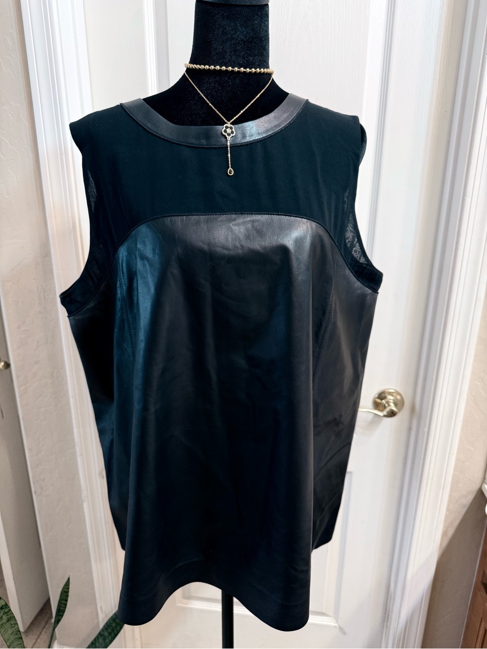 Lafayette 148 New York Black Faux Leather-Front Sleeveless Tank